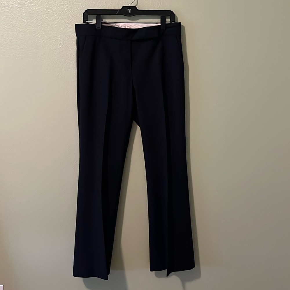 Theory, black, flat front, slightly flared wool stretch dress pants. 12.
